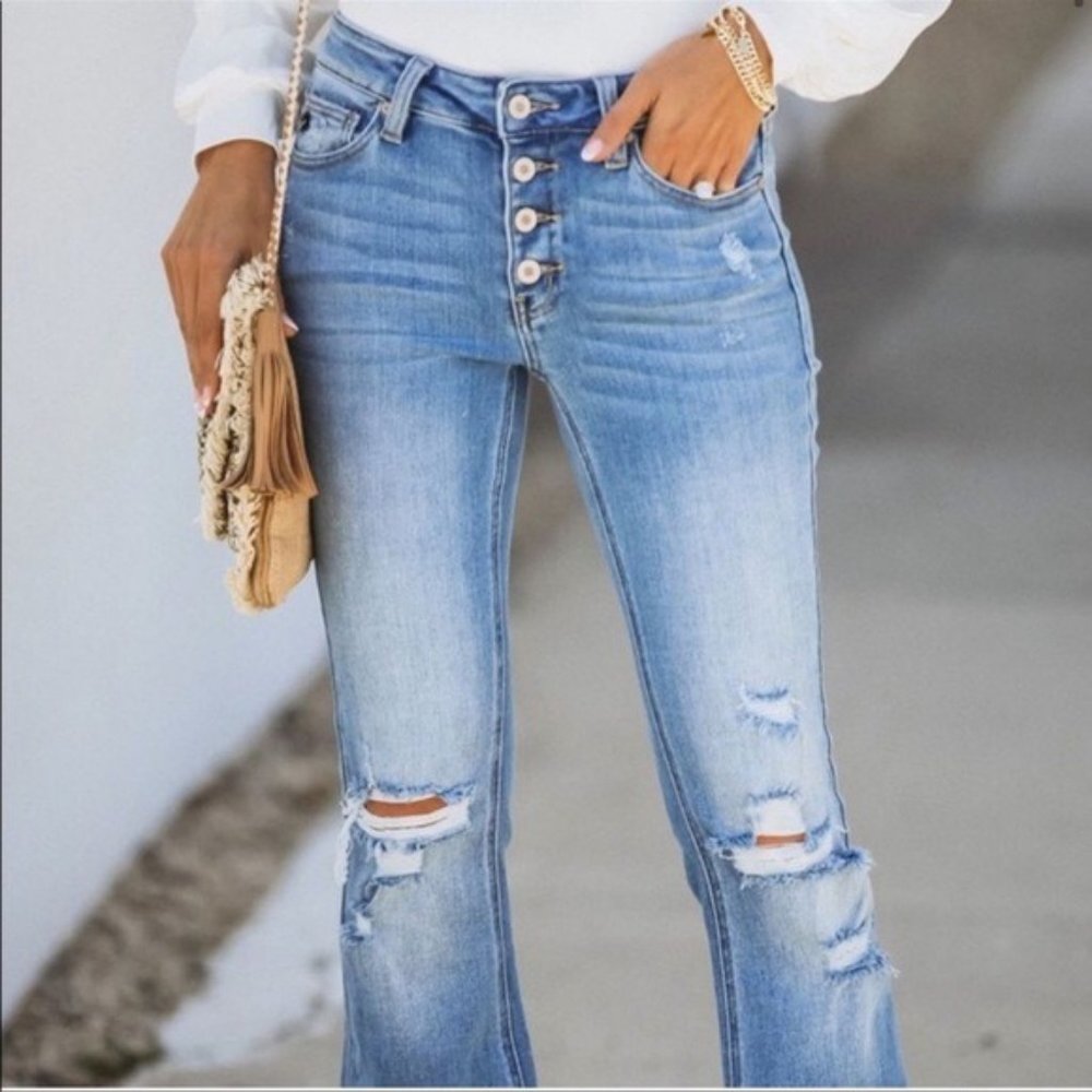 New Kan Can Distressed Button Fly Flare Leg Jeans - Picture 5 of 16